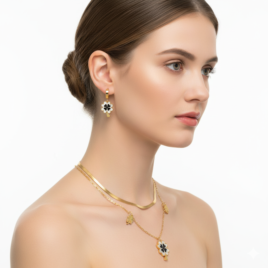 18k Gold Stainless Steel Necklace  and Earring Lucky Four Leaf Clover set