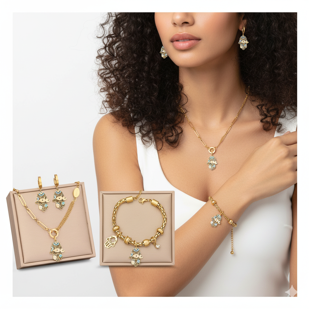 18K gold-plated stainless steel Evil Eye and Hamsa set