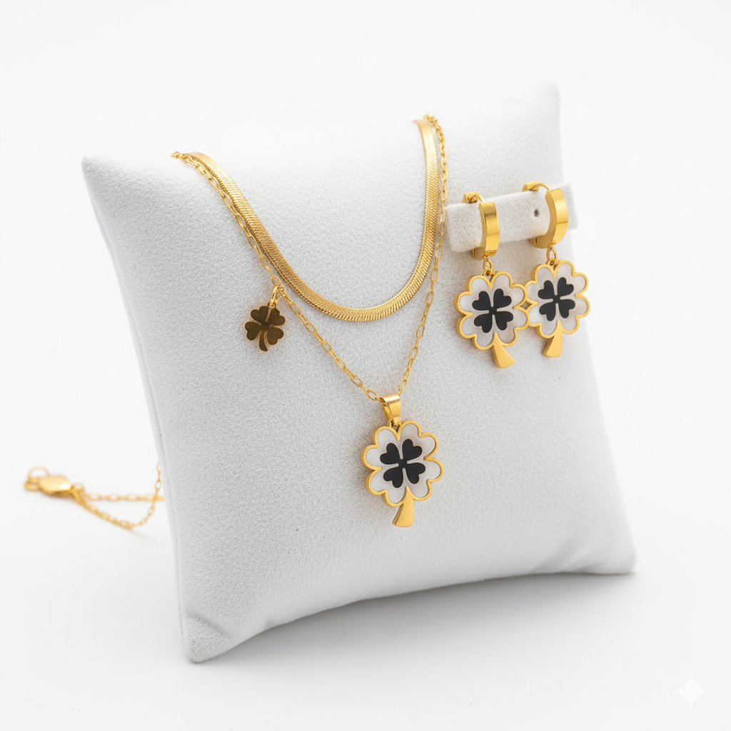 18k Gold Stainless Steel Necklace  and Earring Lucky Four Leaf Clover set