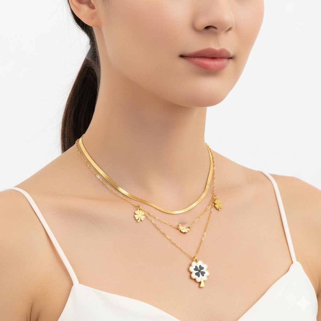 18k Gold Stainless Steel Necklace  Lucky Four Leaf Clover